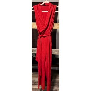 Red Textured Knit Sleeveless Wrap Front Jumpsuit with Tie Waist Wide Leg
